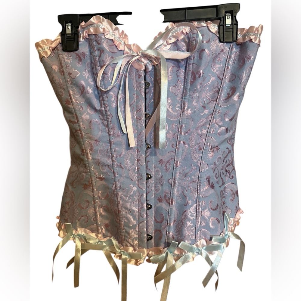 Pastel Blue Pink brocade Corset with  boning and Ribbons ladies small coquette